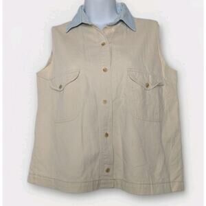 Honors VTG Vintage Vest Womens Beige Blue Colorblock Collar 80s 90s Blouse Top S